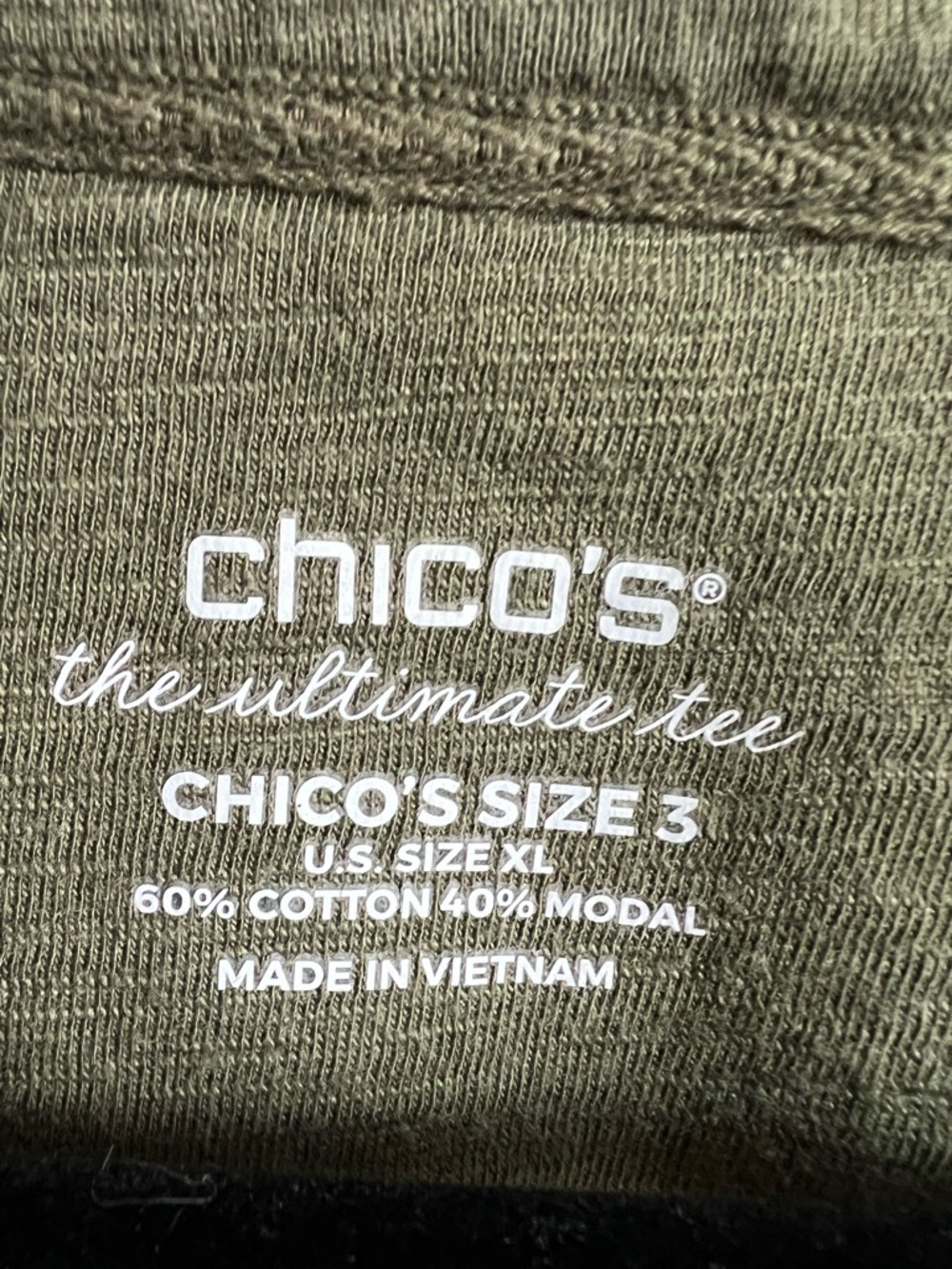 Chico’s Olive Green V-Neck Ultimate Tee 3/4 Sleeve Top Size 3 (XL) - Picture 2 of 9